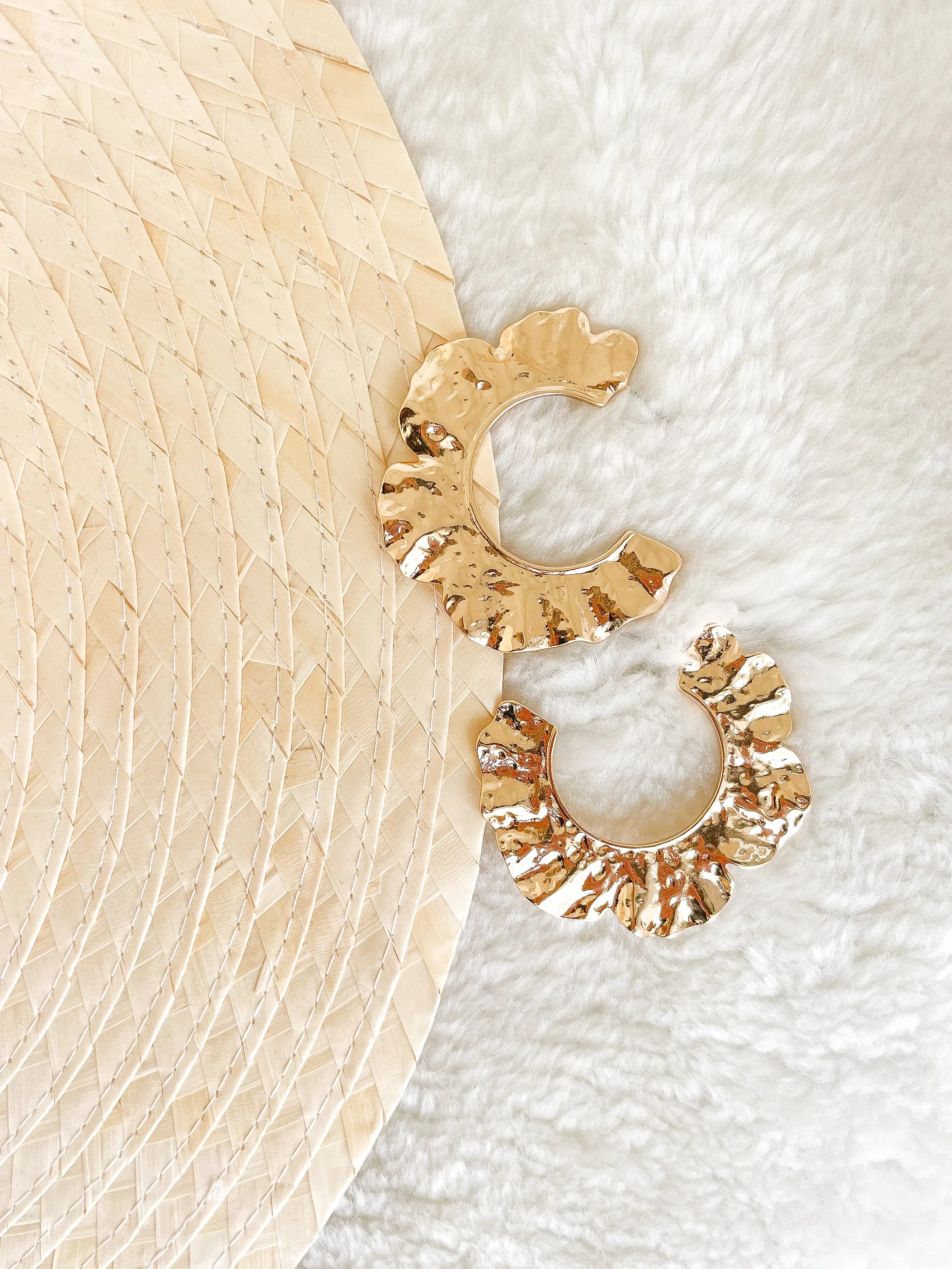 Hammered Flower Hoop Earrings - Gold