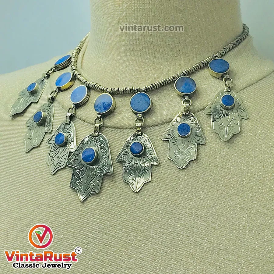 Handmade Lapis Choker Necklace With Dangling Silver Tassels