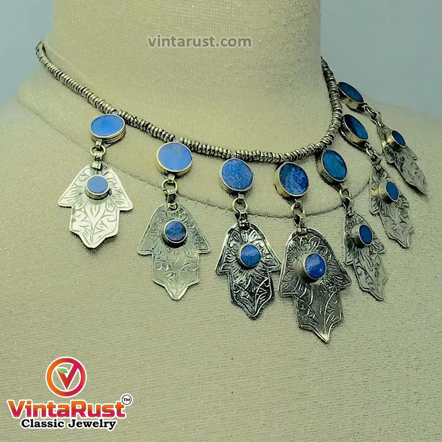Handmade Lapis Choker Necklace With Dangling Silver Tassels