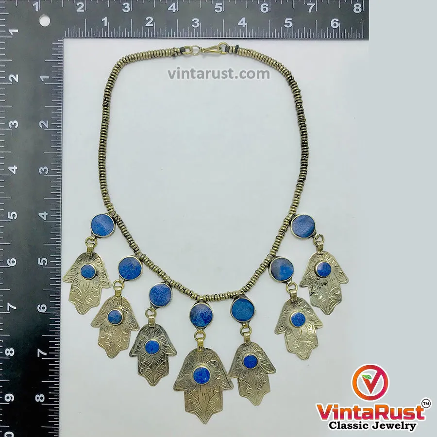 Handmade Lapis Choker Necklace With Dangling Silver Tassels