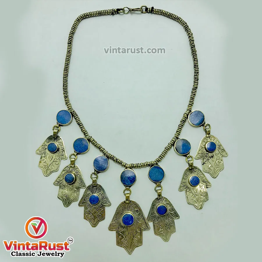 Handmade Lapis Choker Necklace With Dangling Silver Tassels
