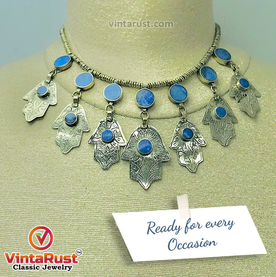 Handmade Lapis Choker Necklace With Dangling Silver Tassels