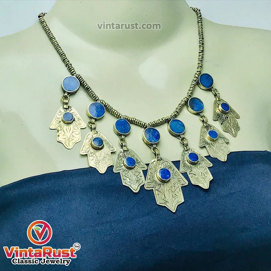 Handmade Lapis Choker Necklace With Dangling Silver Tassels