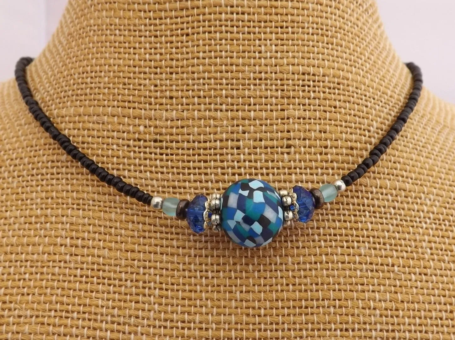 Handmade Mixed Blue Squares Kathryn Design Handmade Bead Necklace