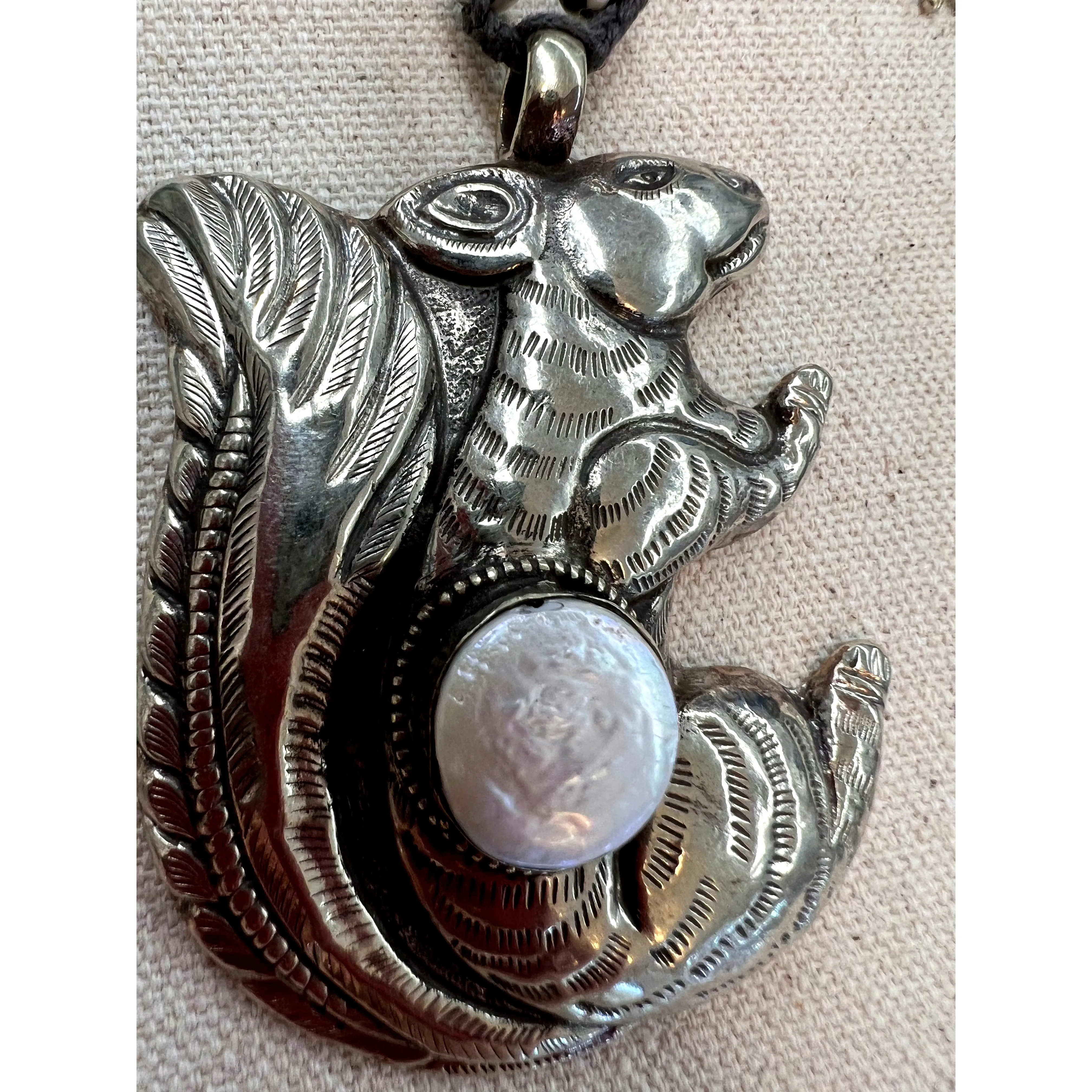 Handmade Silver Mother of Pearl Squirrel Necklace