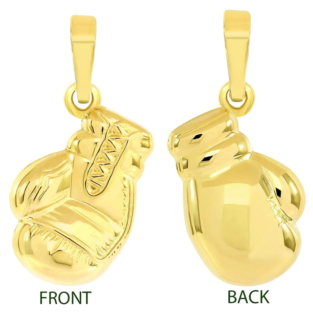 High Polish 14k Yellow Gold 3D Single Boxing Glove Charm Sports Pendant with Curb Chain Necklace