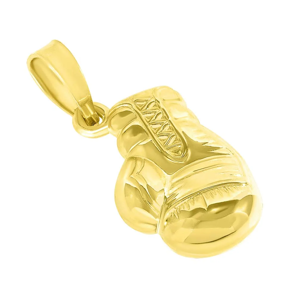 High Polish 14k Yellow Gold 3D Single Boxing Glove Charm Sports Pendant with Curb Chain Necklace