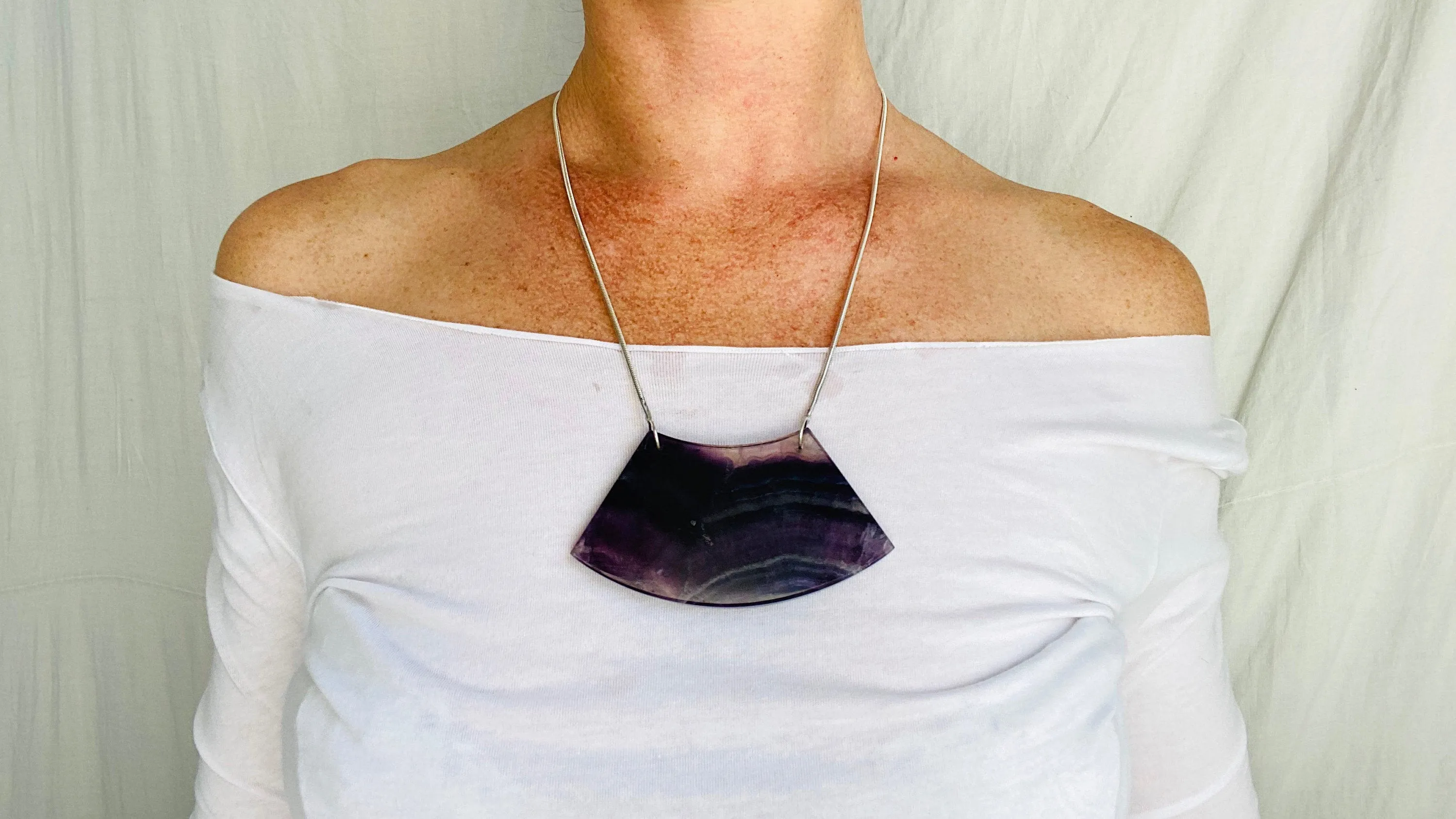 Huge Rainbow Fluorite and Silver Pendant Necklace. Snake Chain