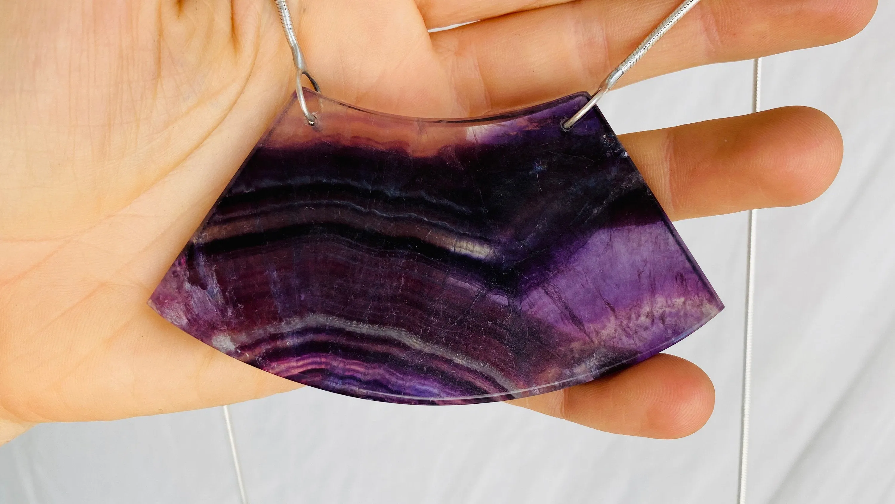 Huge Rainbow Fluorite and Silver Pendant Necklace. Snake Chain