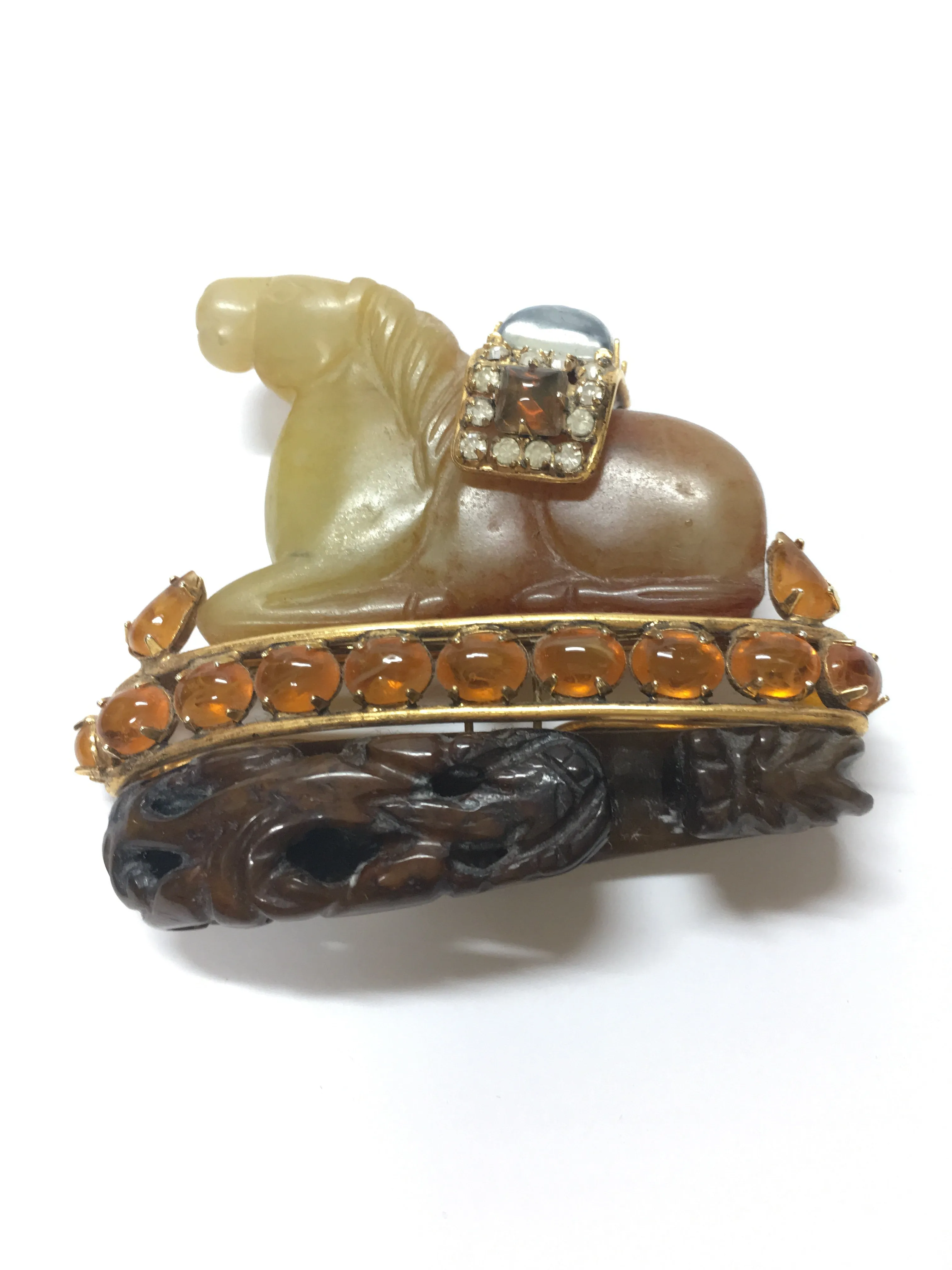 IRADJ MOINI ANTIQUE AGATE/ JEWELED HORSE BROOCH