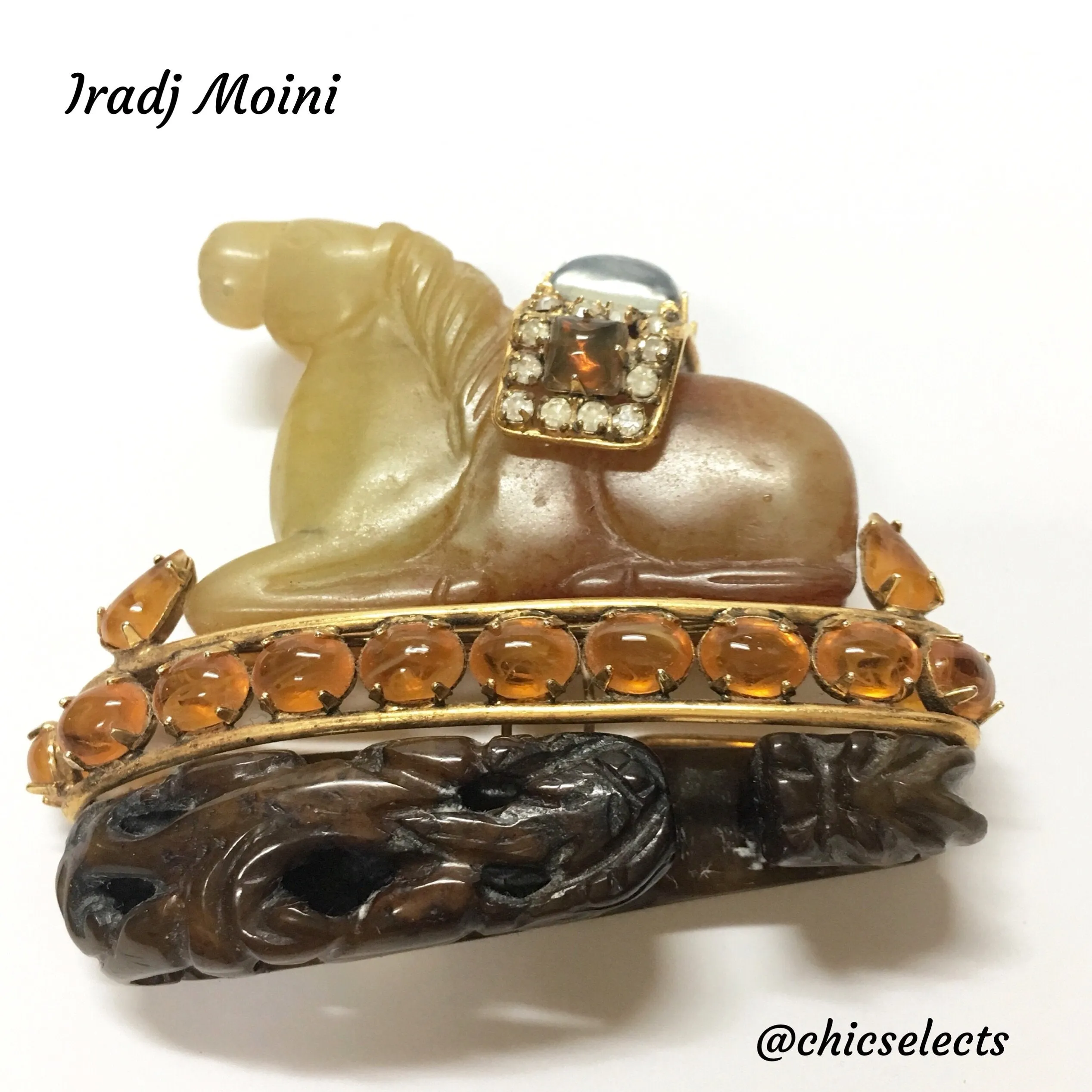 IRADJ MOINI ANTIQUE AGATE/ JEWELED HORSE BROOCH