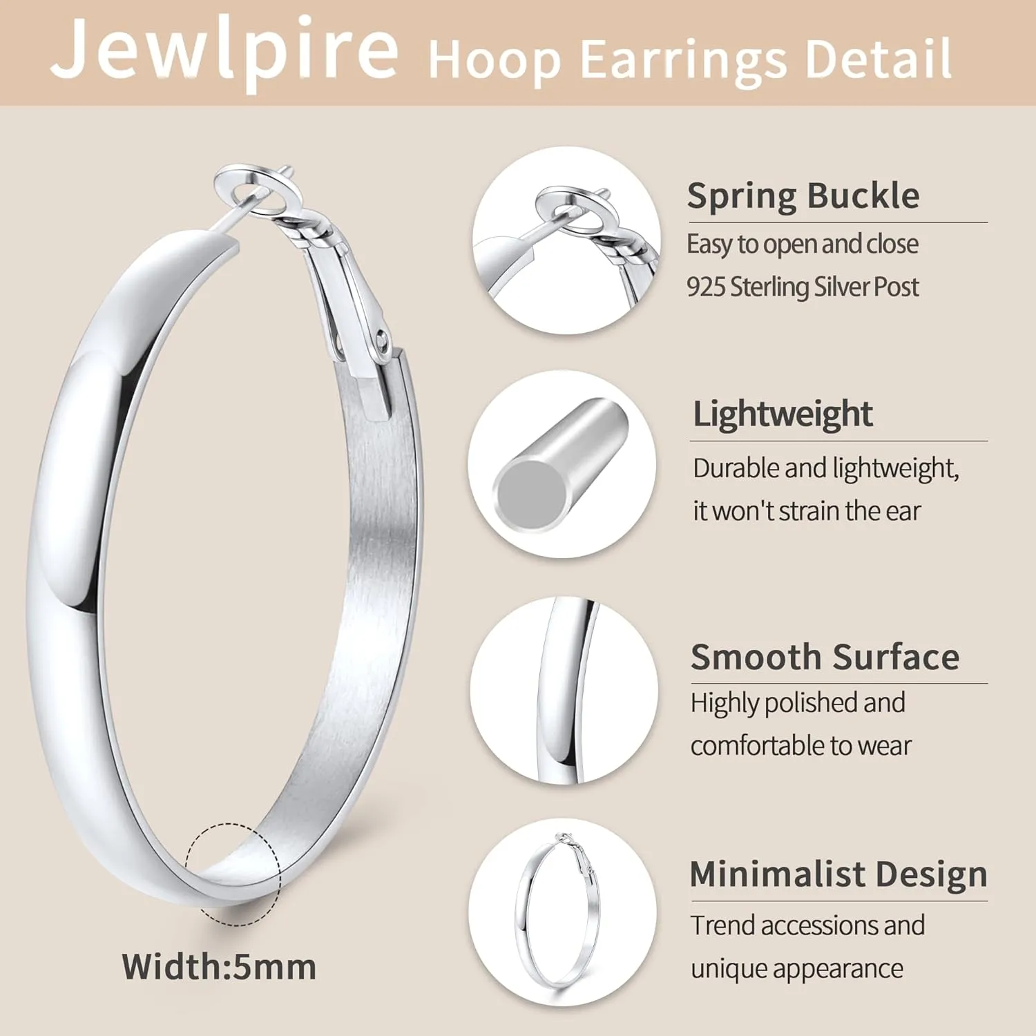 Jewlpire 14K Gold Plated 925 Sterling Sliver Post Hoop Earrings, 4MM/5MM Thick Non Tarnish Lightweight Hoop Earrings for Women Trendy 20/30/40/50/60/70mm