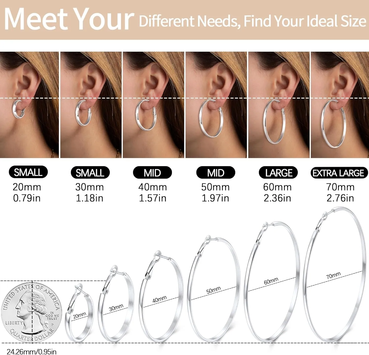 Jewlpire 14K Gold Plated 925 Sterling Sliver Post Hoop Earrings, 4MM/5MM Thick Non Tarnish Lightweight Hoop Earrings for Women Trendy 20/30/40/50/60/70mm