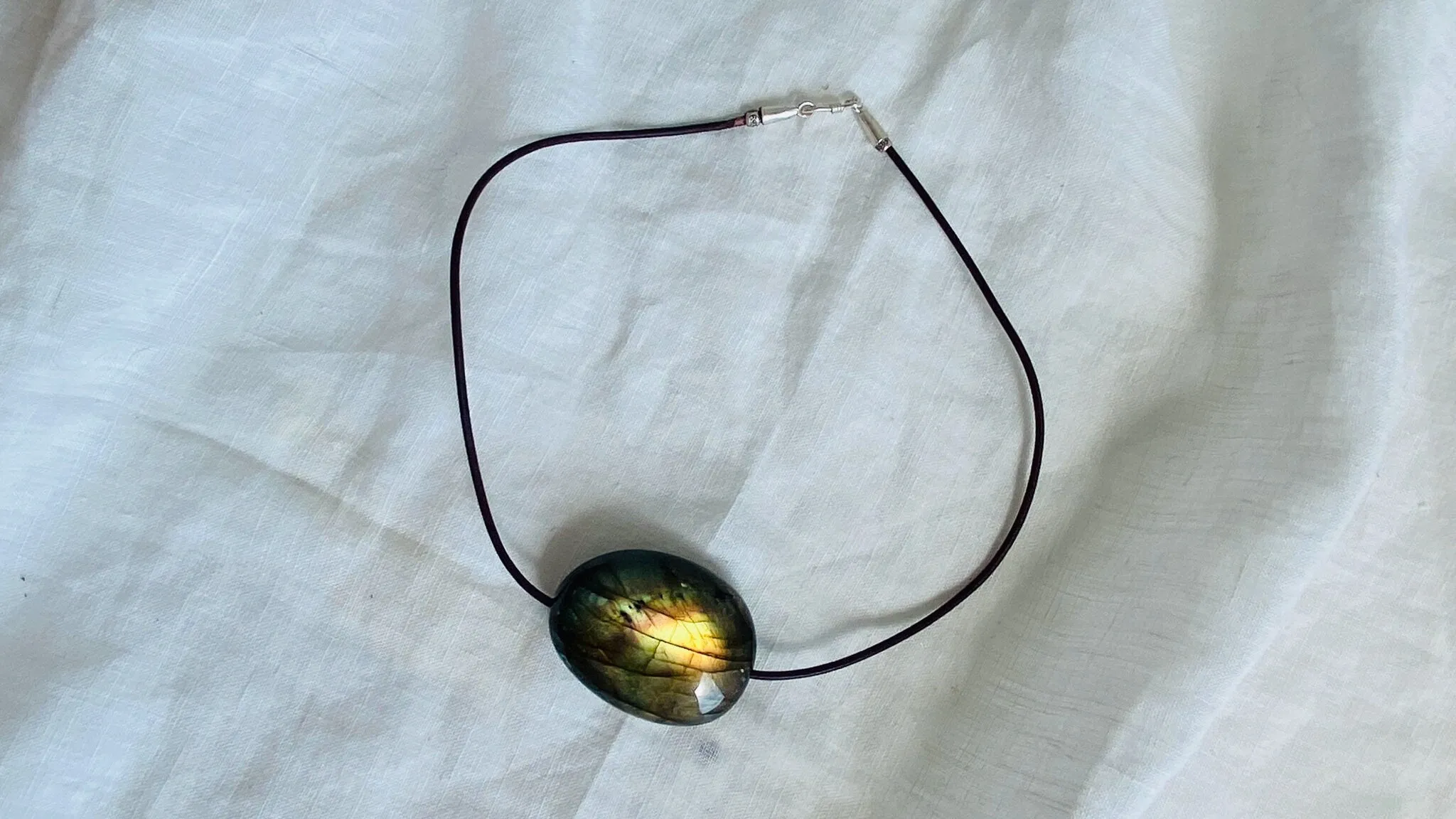 Labradorite Pendant. Leather Cord, Sterling Silver.