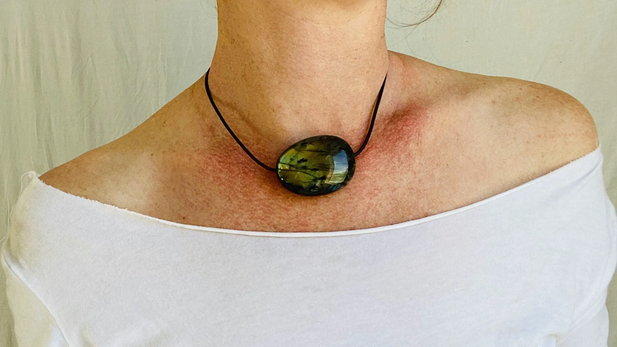 Labradorite Pendant. Leather Cord, Sterling Silver.