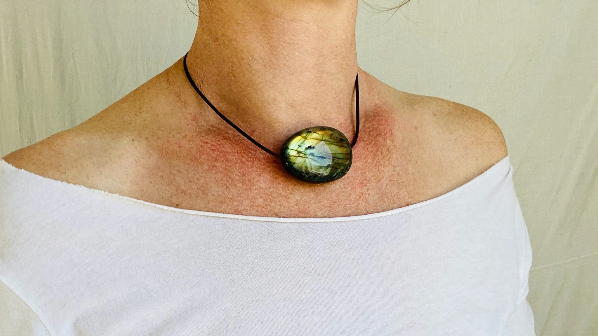 Labradorite Pendant. Leather Cord, Sterling Silver.