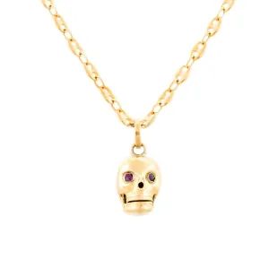 Late Victorian 14k Ruby Skull Charm with Mariner Link Chain