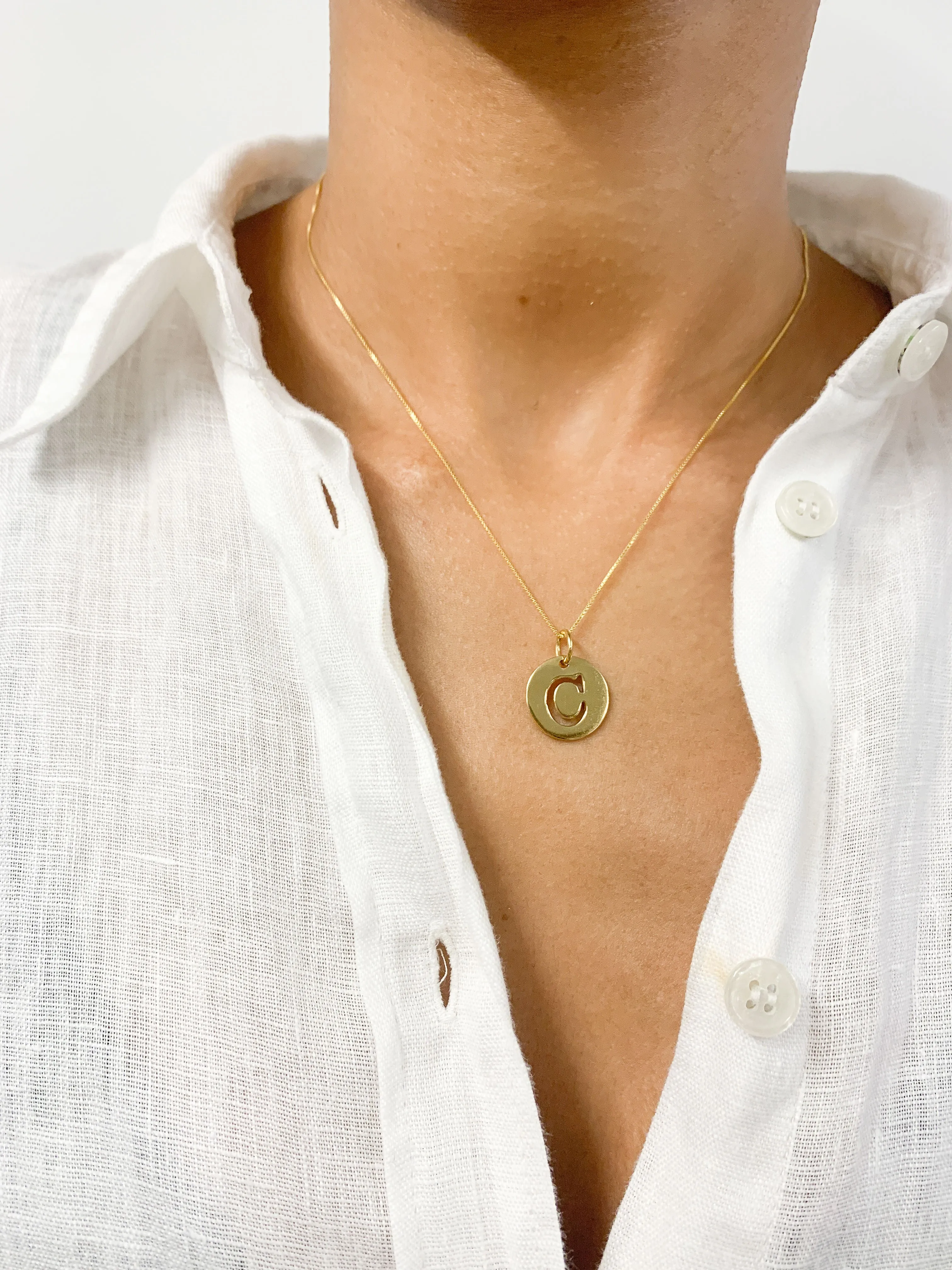 Letter C Gold Pendant - Round Letter Pendant - Gold Disc Letter Necklace