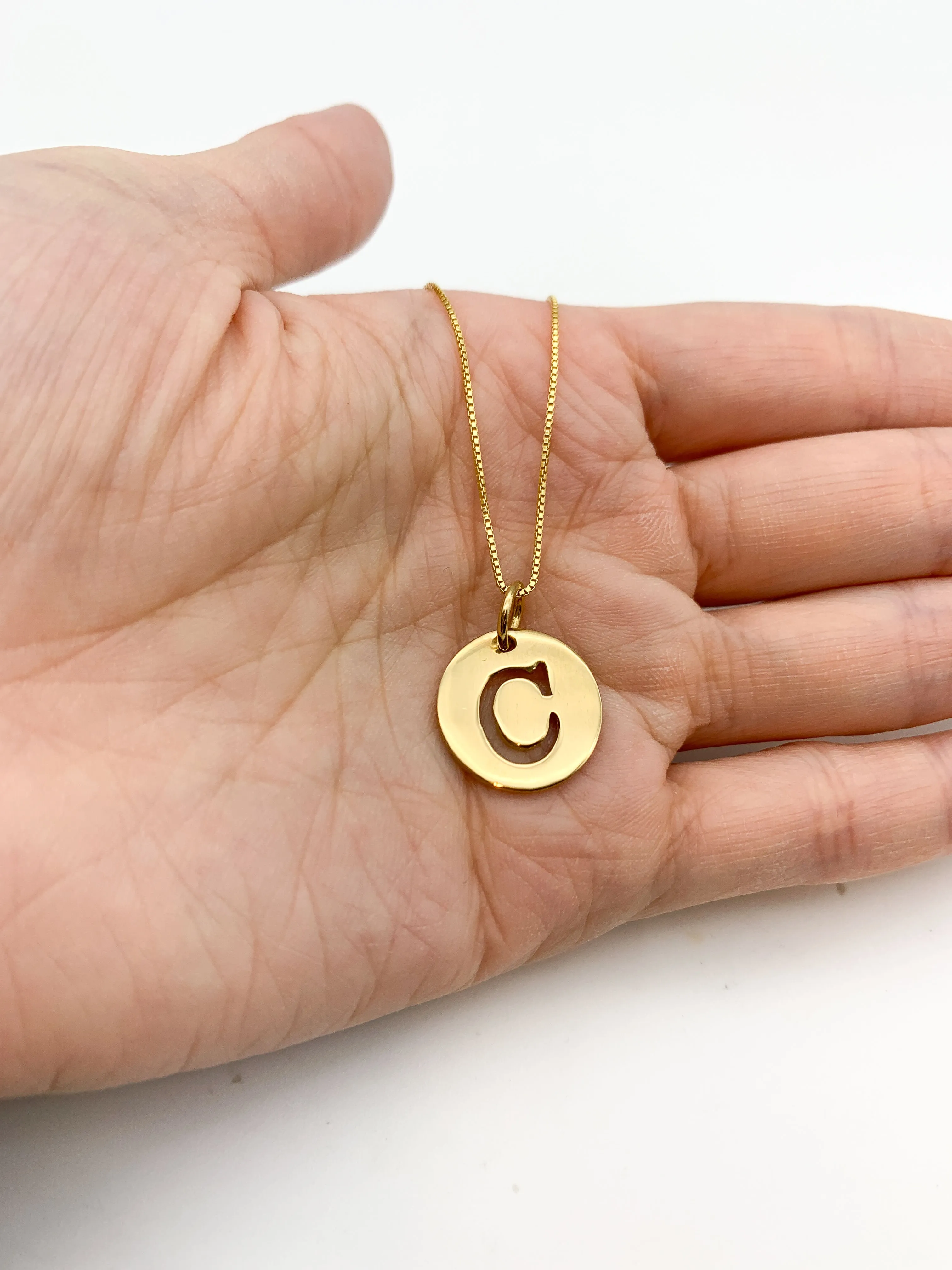 Letter C Gold Pendant - Round Letter Pendant - Gold Disc Letter Necklace