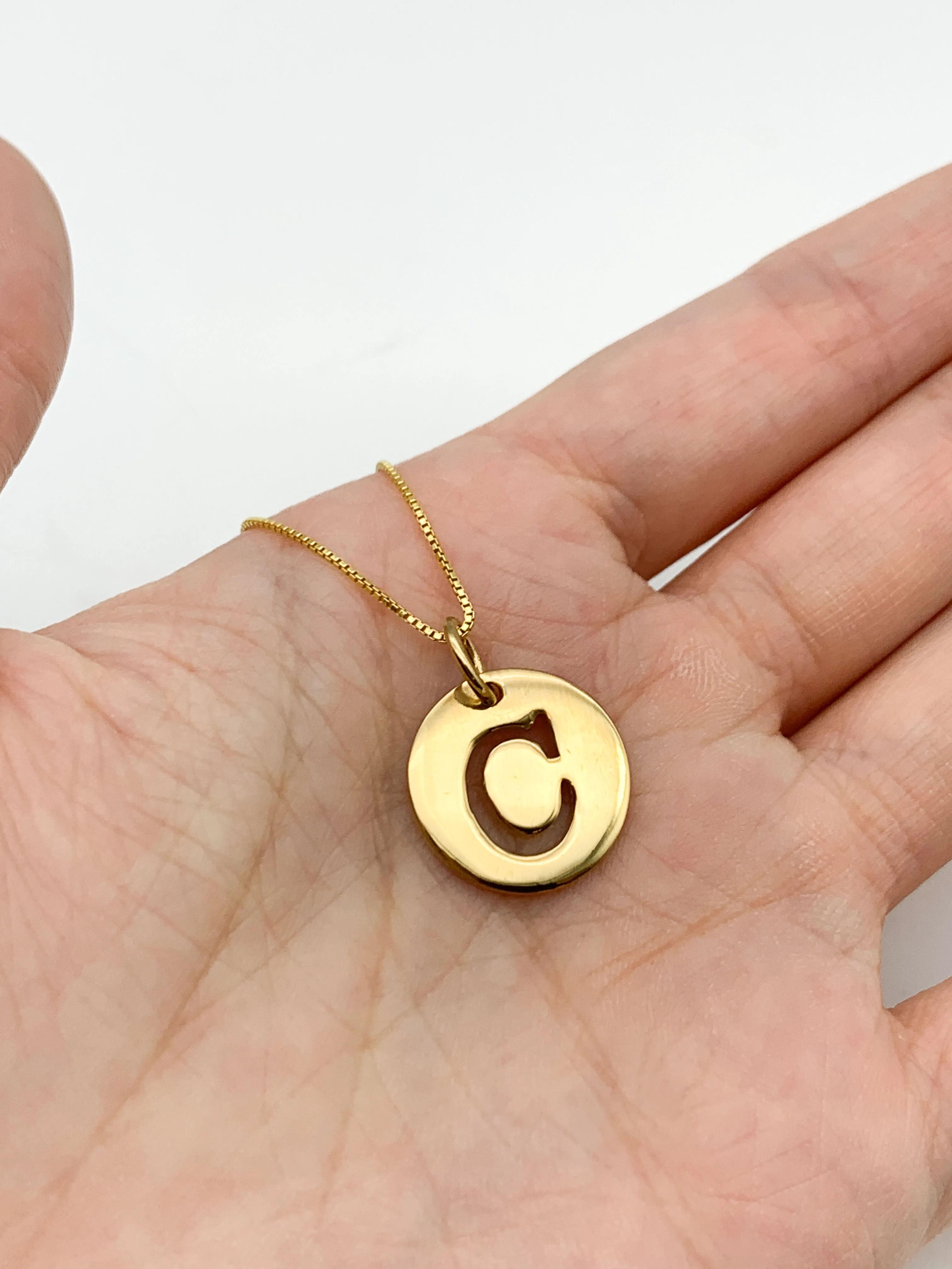 Letter C Gold Pendant - Round Letter Pendant - Gold Disc Letter Necklace