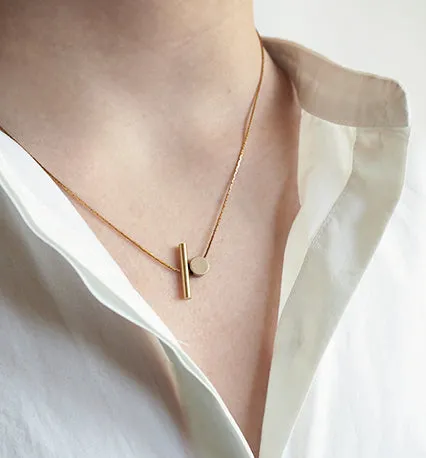 LIM02 Brass cylinder and brass disc necklace 18" brass chain