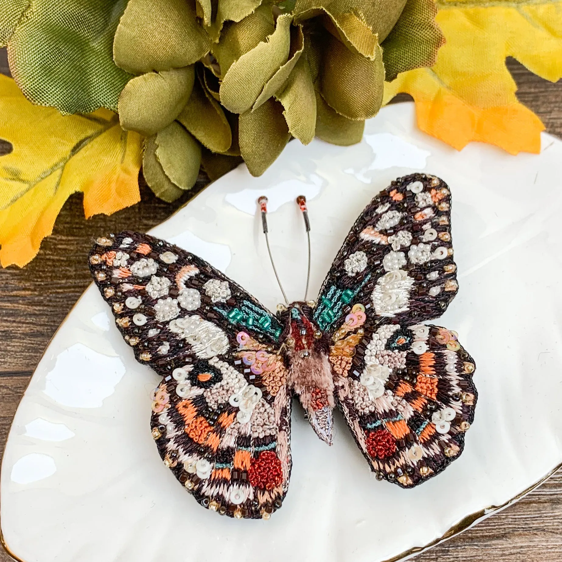 Lime Swallowtail Butterfly Hand Embroidered Beaded Brooch
