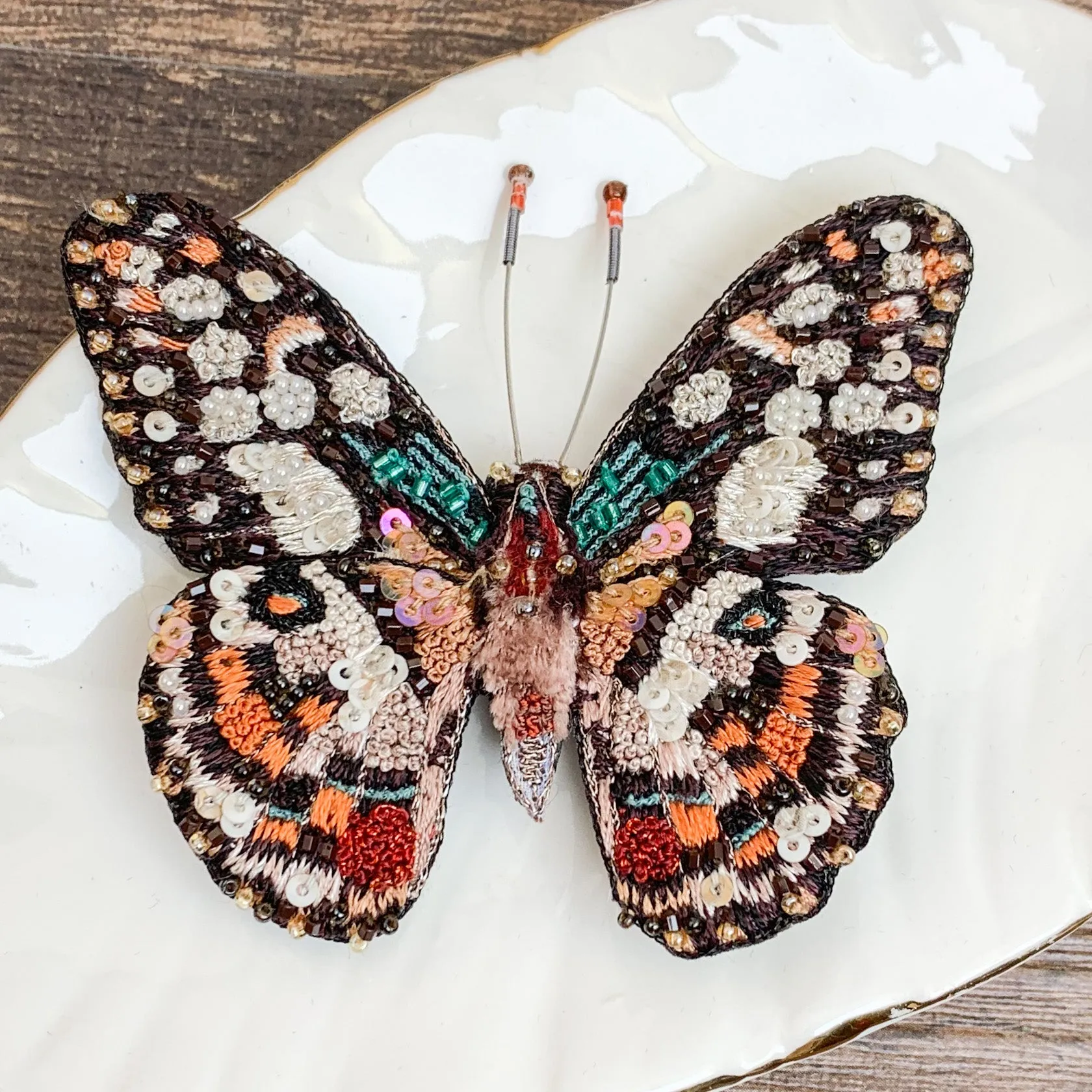 Lime Swallowtail Butterfly Hand Embroidered Beaded Brooch