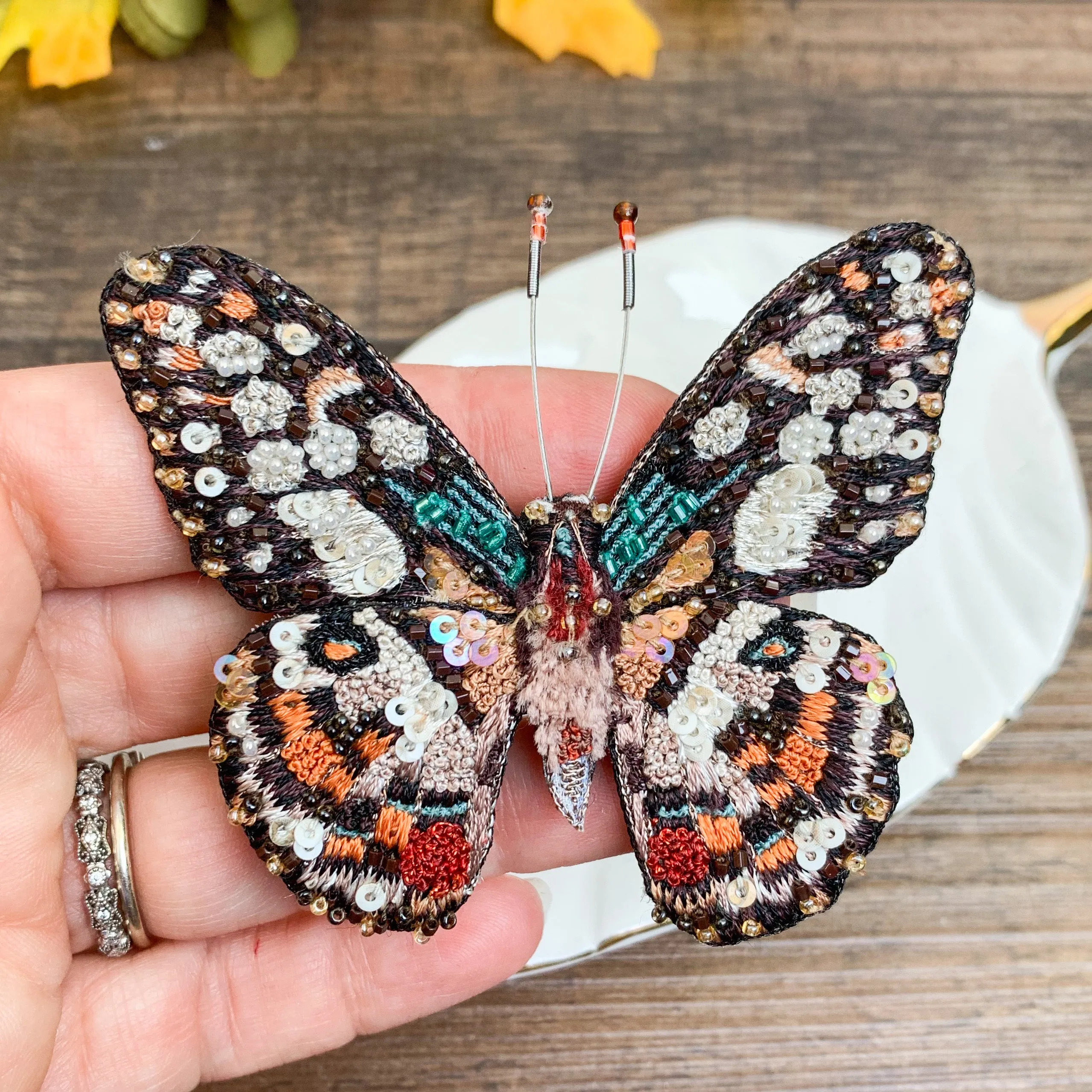 Lime Swallowtail Butterfly Hand Embroidered Beaded Brooch