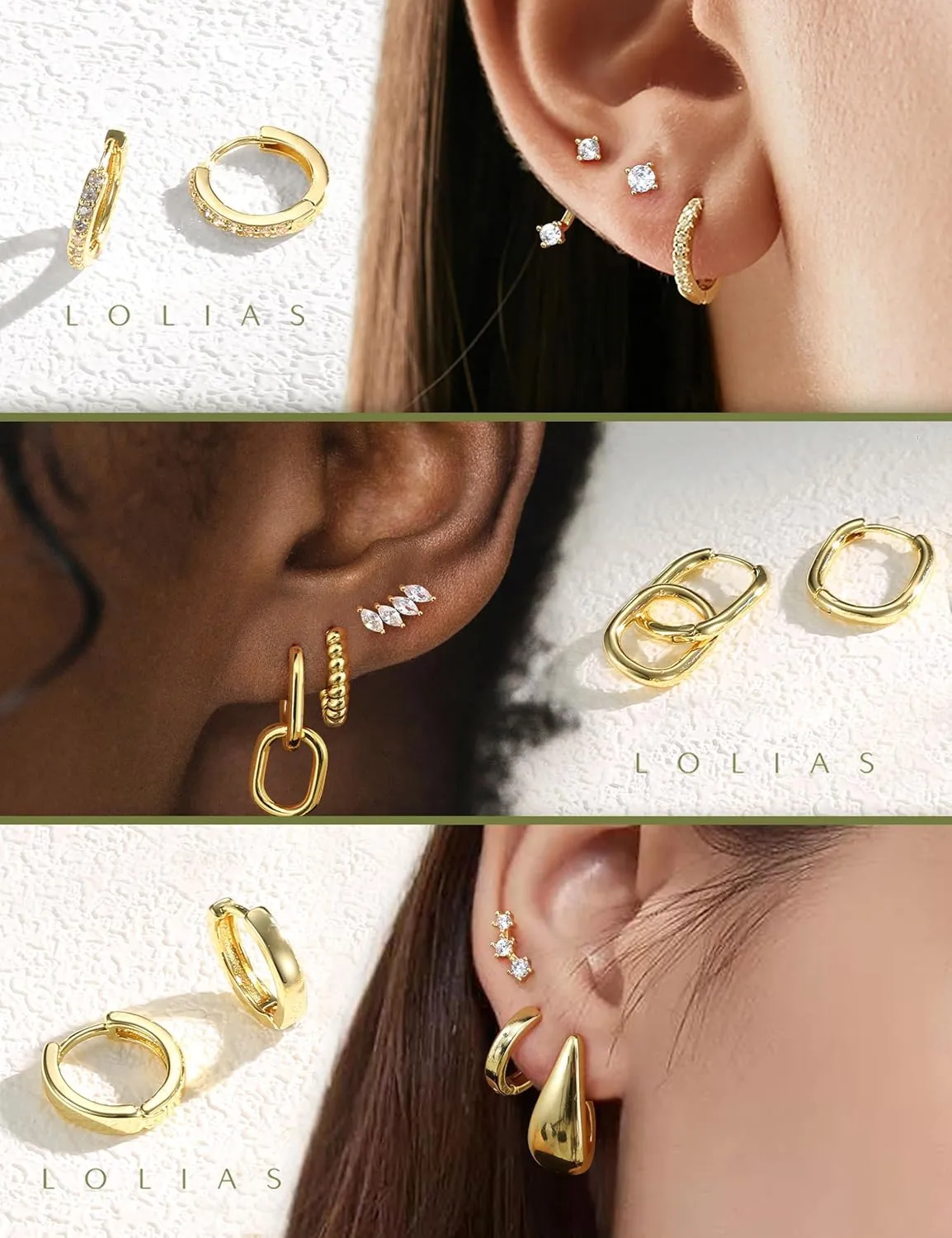LOLIAS Small Gold Hoop Earring Stacks for Women - 14K Gold Plated Huggie Stud Hoop Earrings Hypoallergenic Stainless Steel Cartilage Earring Sets for Multiple Piercing Lightweight 9Pairs