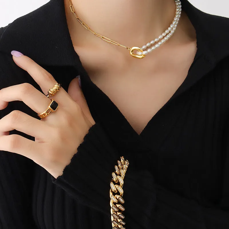 Luxurious Freshwater Pearl Necklace with Gold Plating and Titanium Steel - Chic and Durable Jewelry Accessory