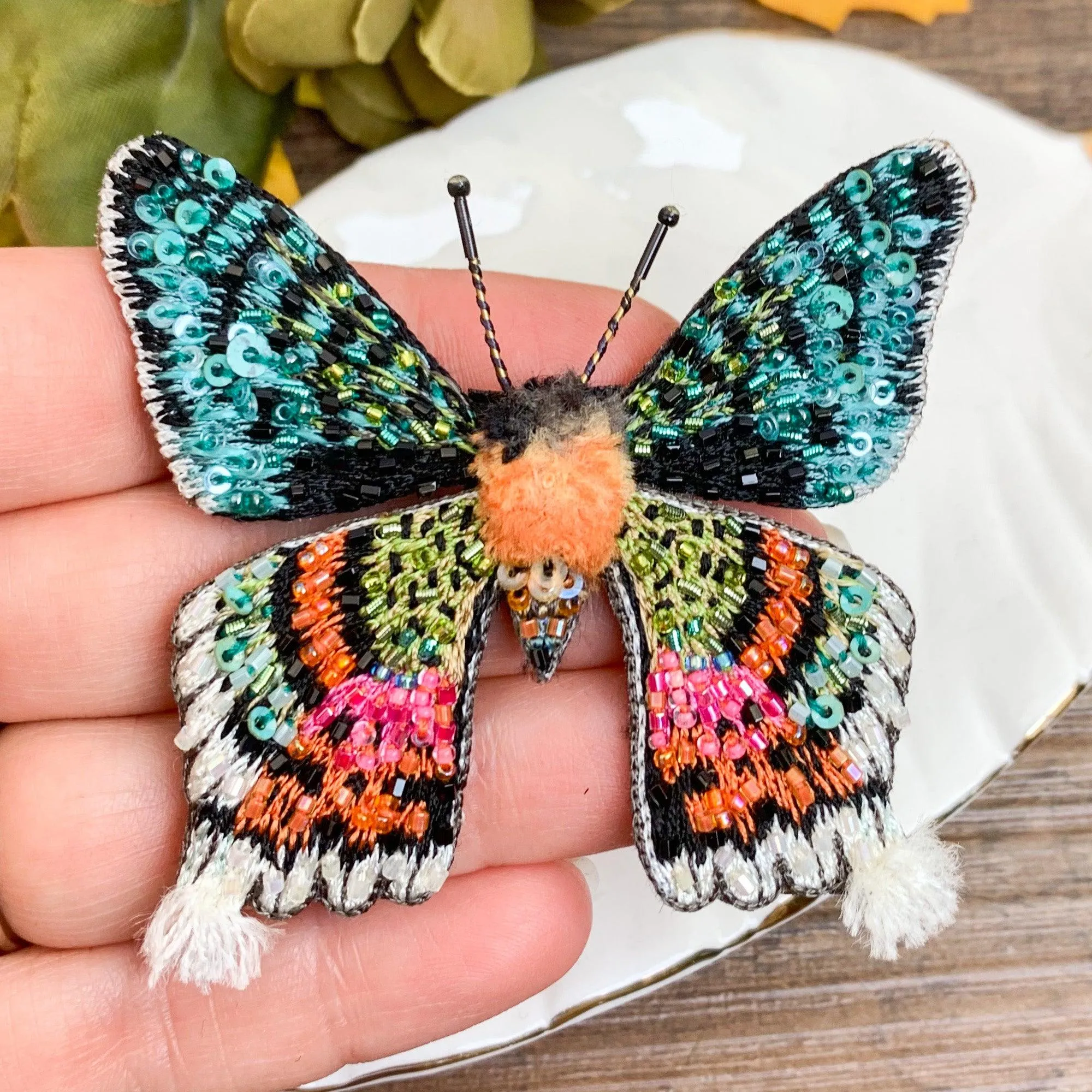 Madagascar Sunset Moth Hand Embroidered Beaded Brooch Pin