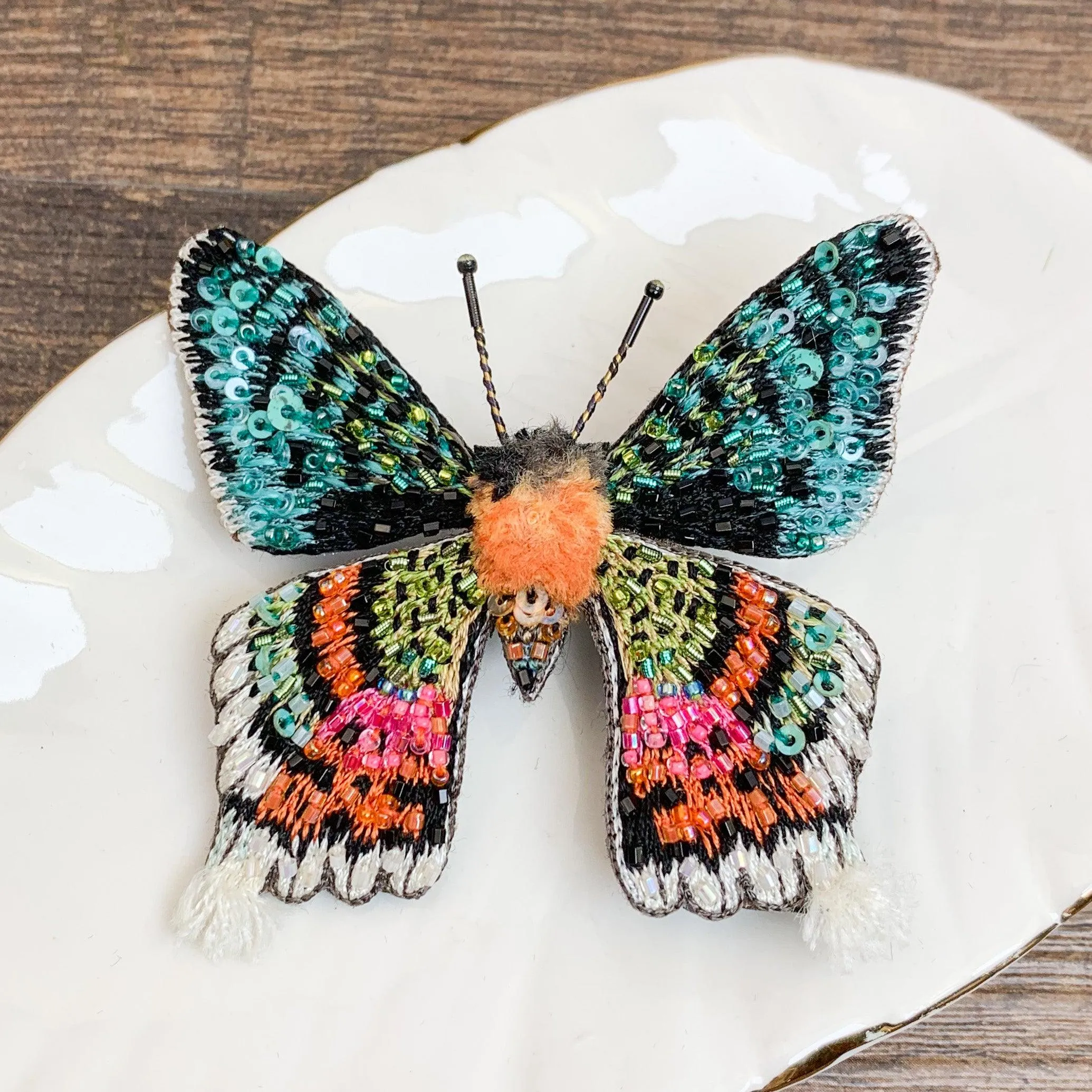 Madagascar Sunset Moth Hand Embroidered Beaded Brooch Pin