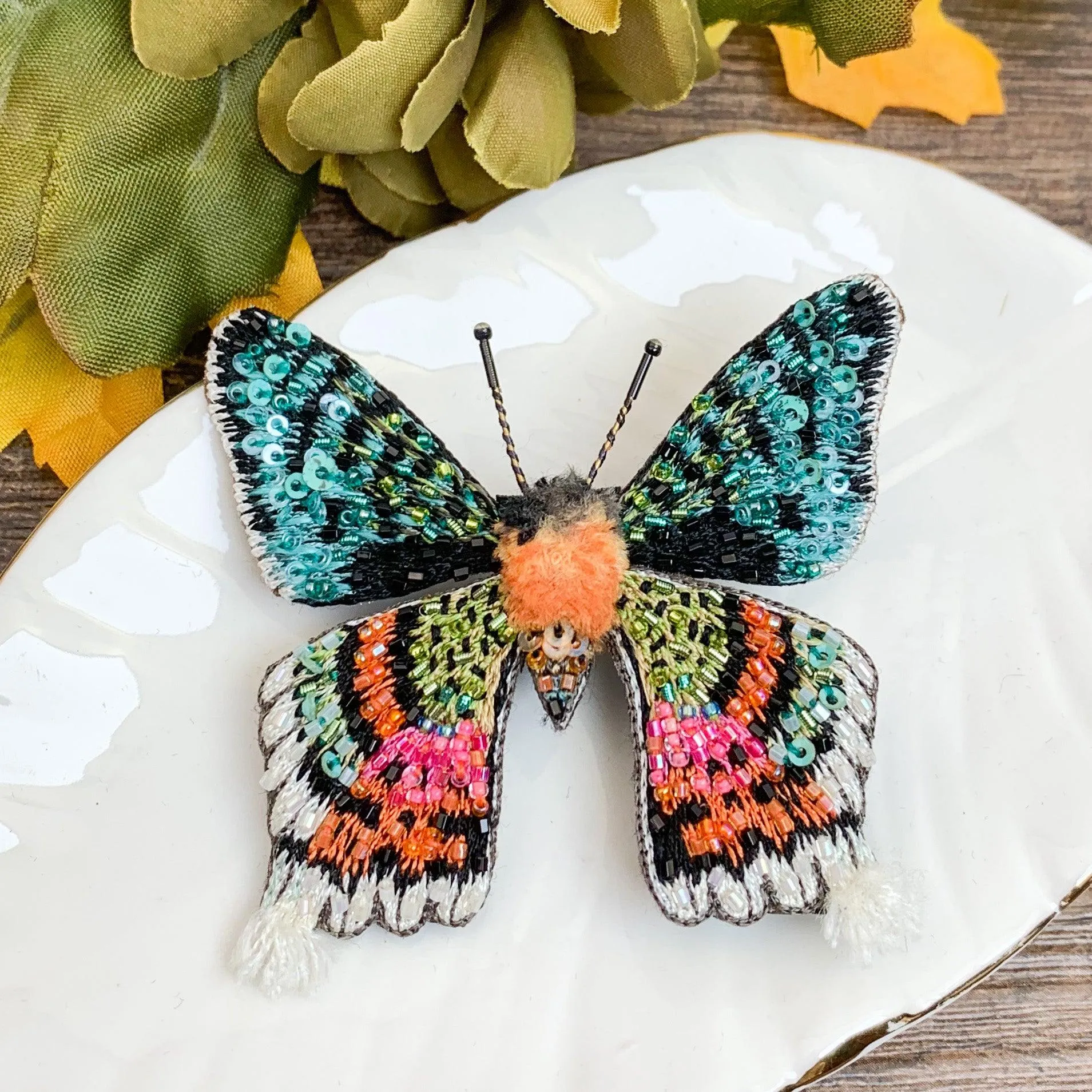 Madagascar Sunset Moth Hand Embroidered Beaded Brooch Pin