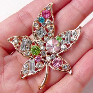Maple Leaf Cabochon w/ Colorful Rhinestones (43mm x 50mm) Bling Bling Brooch Making Canada Autumn Fall Leaf Cellphone Deco Decoden CAB364