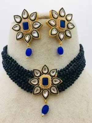 Meenakari star chokar necklace with earrings (Black - Blue)