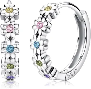 MILACOLATO 925 Sterling Silver Small Hoop Earrings for Women 14K Gold Plated Daisy Huggie Hoop Earrings Pave Rainbow Cubic Zirconia Cute Flower Hoop Earrings Hypoallergenic Earrings