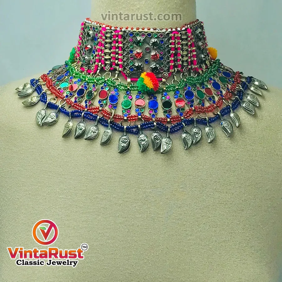Multicolor Glass Stone Tribal Afghan Choker Necklace