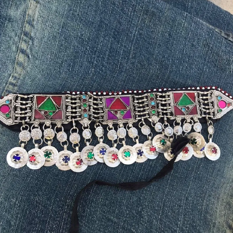 Multicolor Tribal Choker With Dangling Tassels