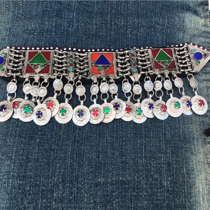 Multicolor Tribal Choker With Dangling Tassels