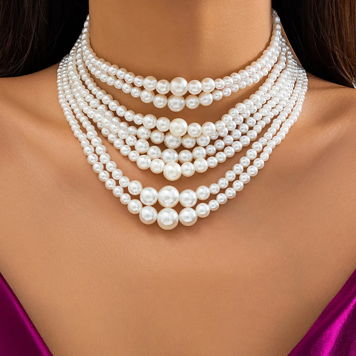 Multilayer Vintage French Style Imitation Pearl Choker Necklace