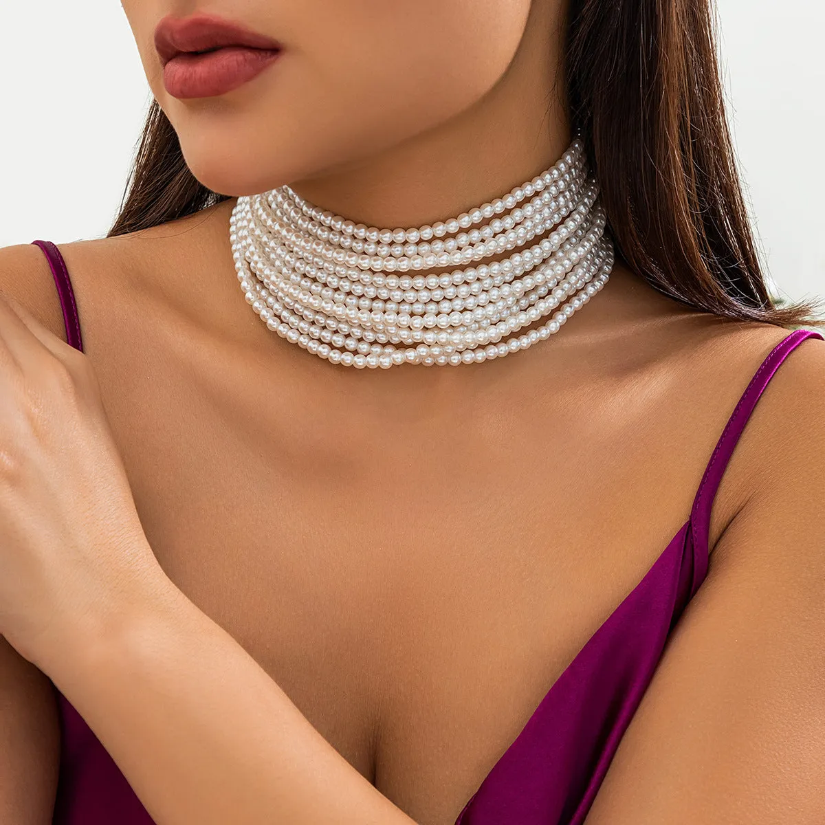 Multilayer Vintage French Style Imitation Pearl Choker Necklace