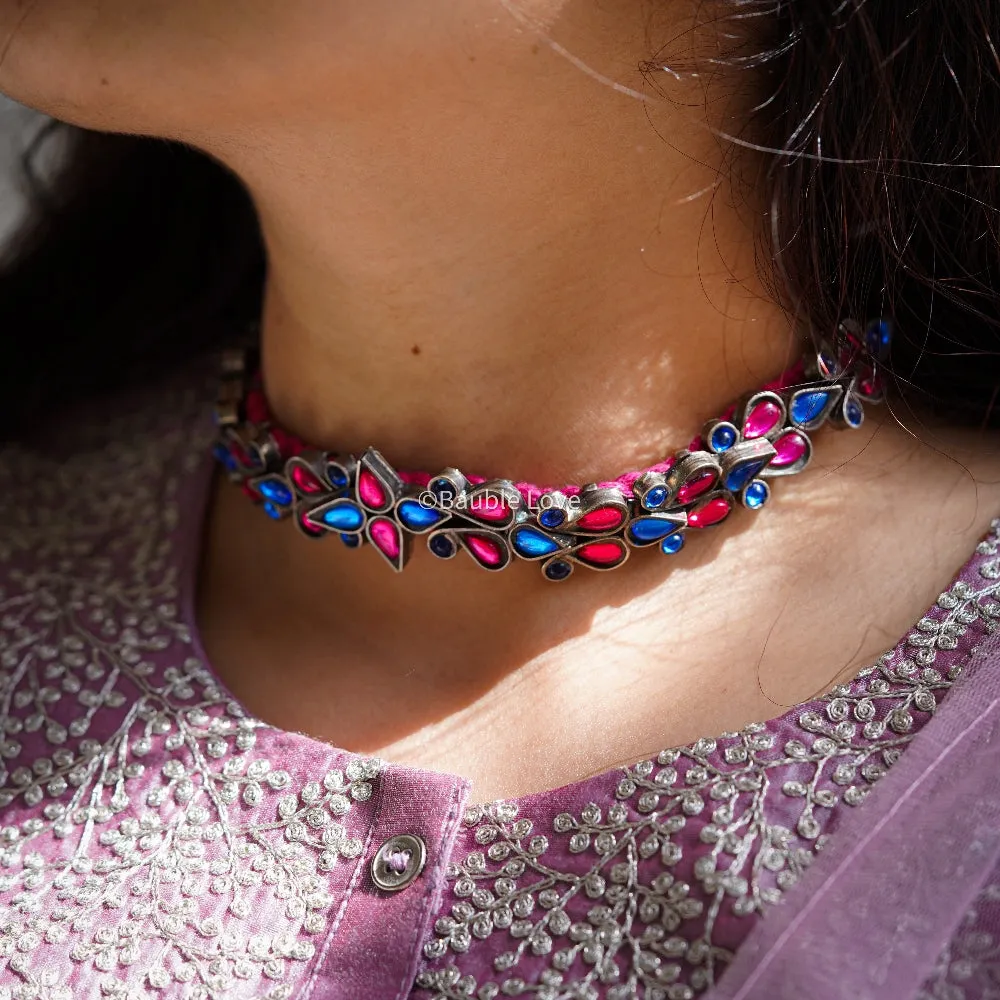 Nirvana Vintage Glass Choker (Pink & Blue)