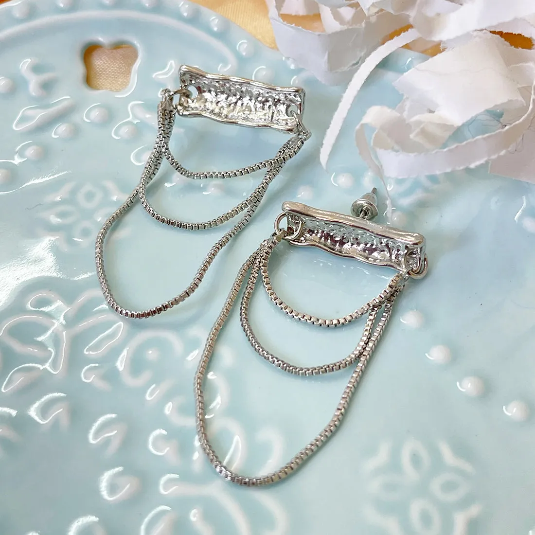 OVERSIZED TEXTURED SILVER-TONED BAR & TASSEL DROP EARRINGS