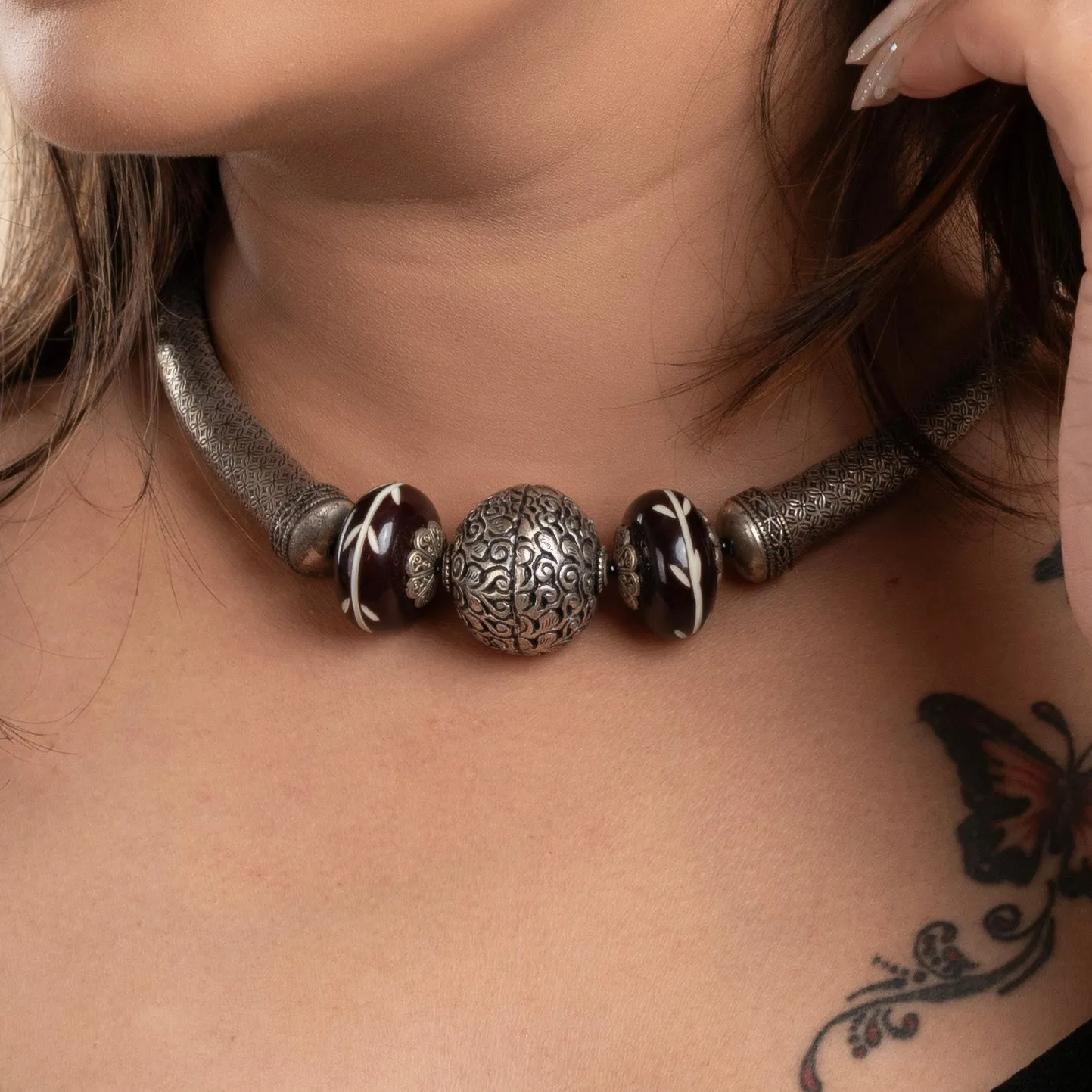 Oxidised Silver Chitai Bead Necklace with Adjustable Black Dori - Handcrafted Light Weight Design