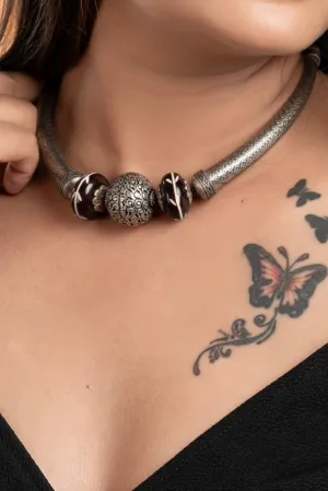 Oxidised Silver Chitai Bead Necklace with Adjustable Black Dori - Handcrafted Light Weight Design