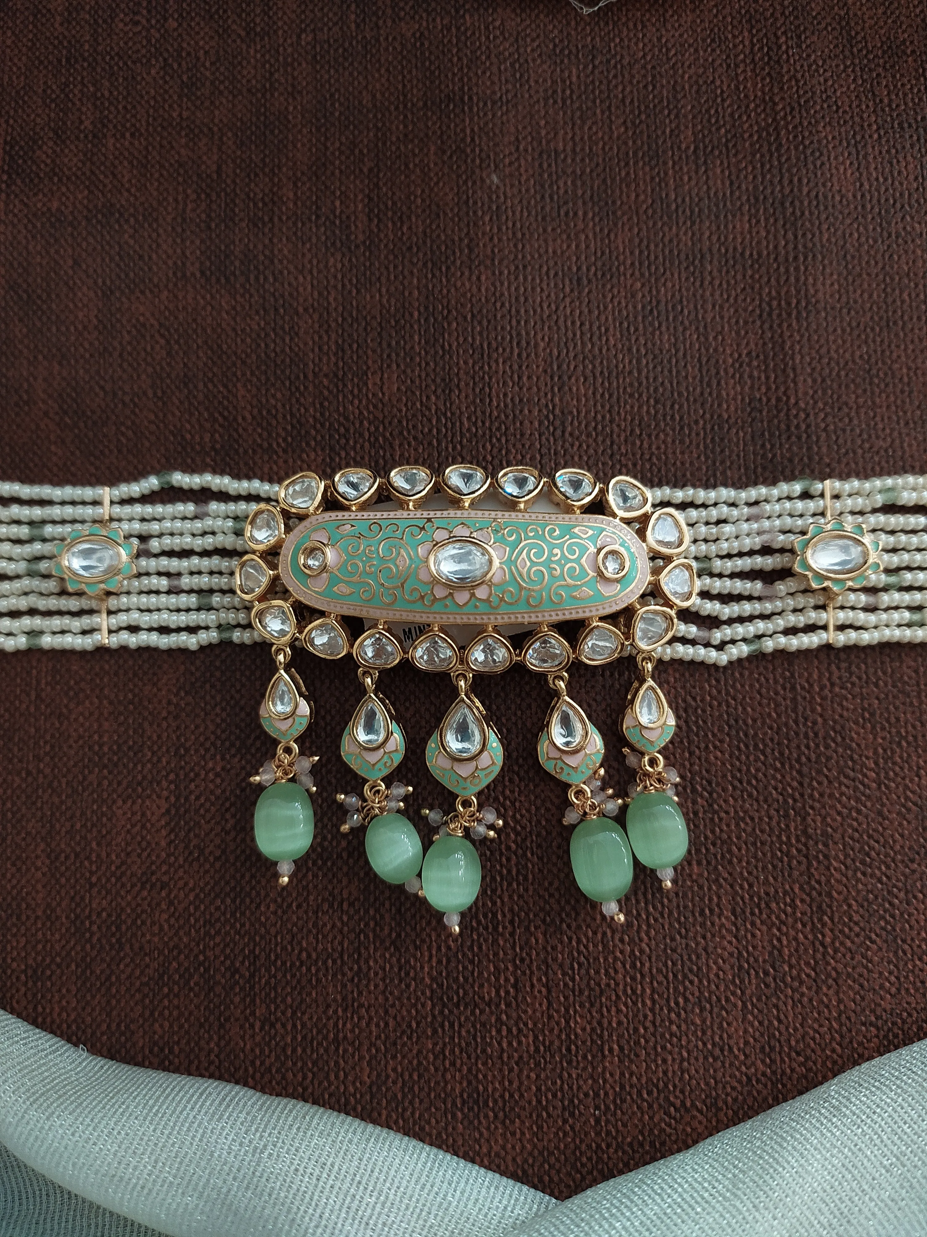 Pastel Mint Meenakari Kundan Pearl Choker Set