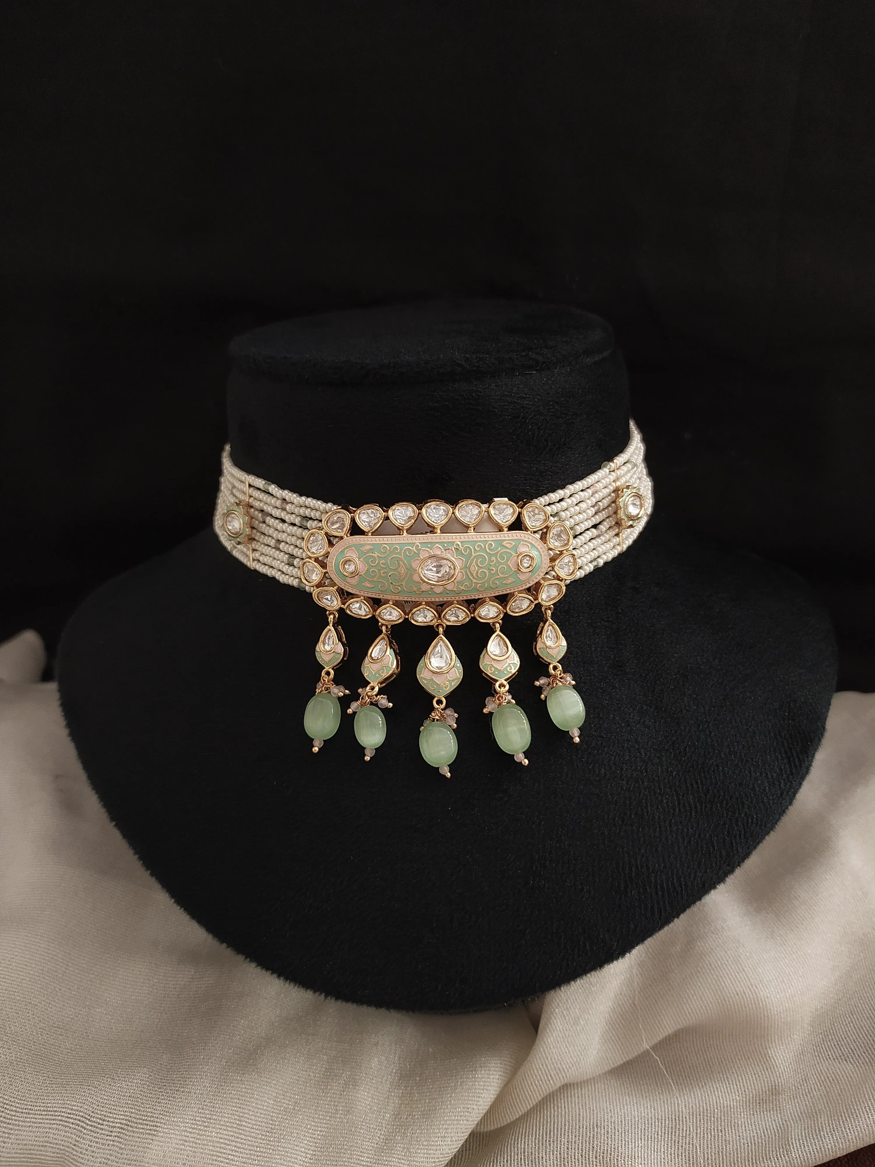 Pastel Mint Meenakari Kundan Pearl Choker Set