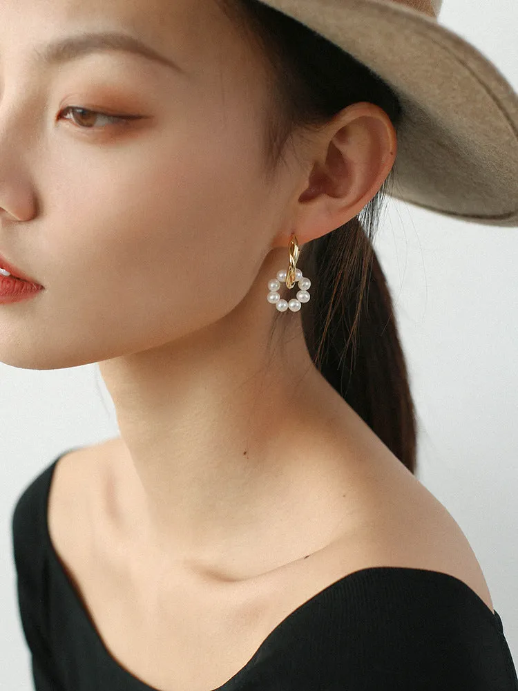 Pearl Floral Drop Hoop Earrings