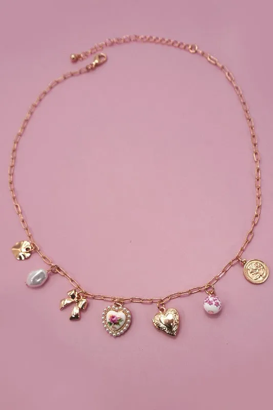 Pink Ceramic Multi Charm Link Chain Necklace