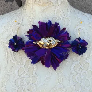 Purple Fuzzy Sari Silk Ribbon Flower Brooch with Earrings - Large Fabric Floral Pin - Vintage Textile Art Corsage